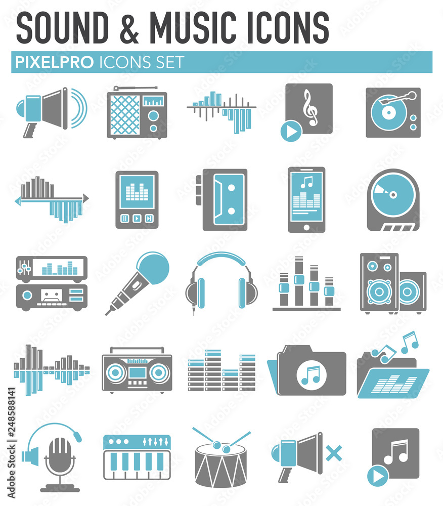 Poster music and sound icons set on white background for graphic and web design, modern simple vector sign.
