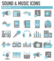 Music and sound icons set on white background for graphic and web design, Modern simple vector sign. Internet concept. Trendy symbol for website design web button or mobile app
