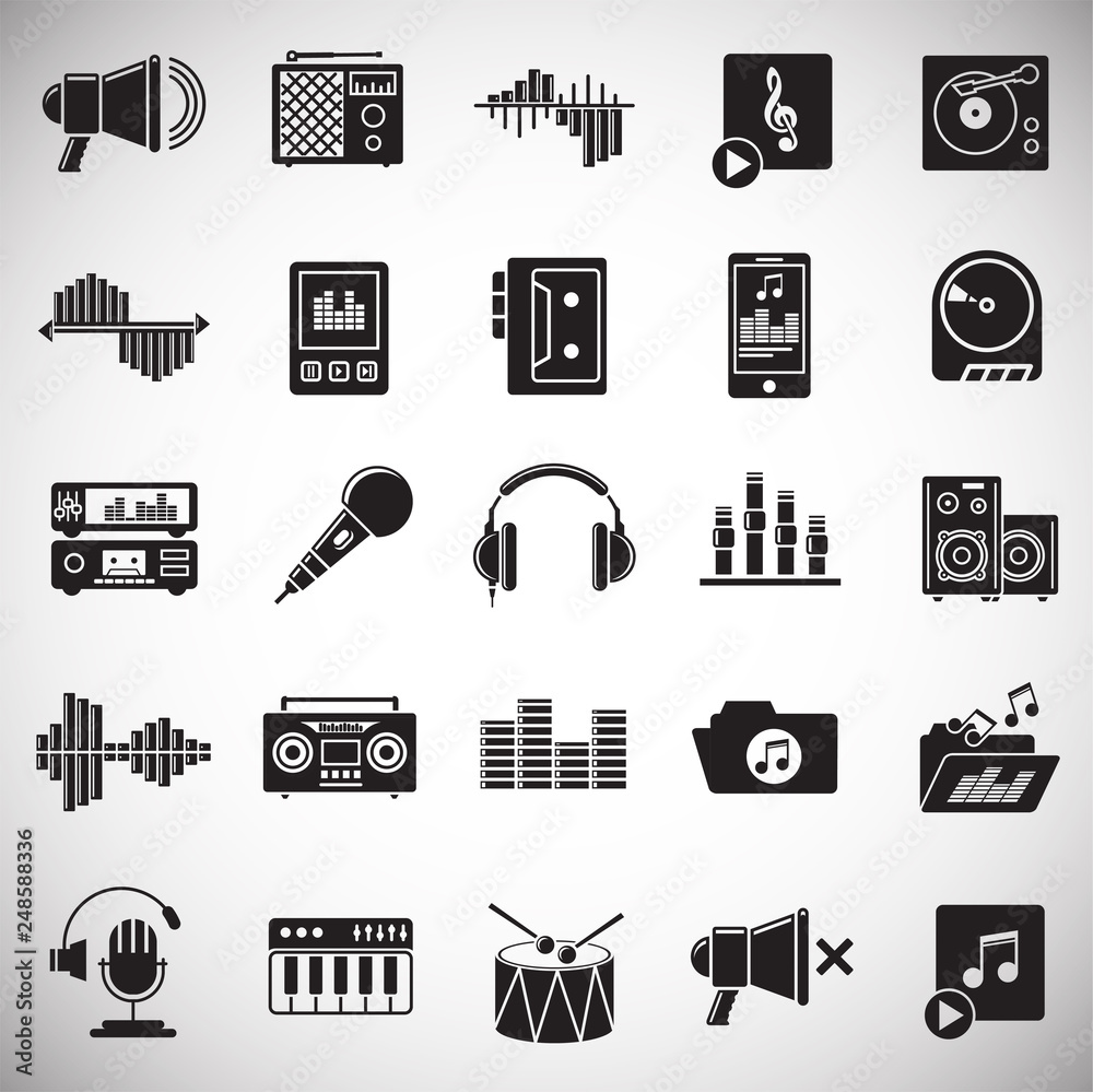 Poster music and sound icons set on white background for graphic and web design, modern simple vector sign.