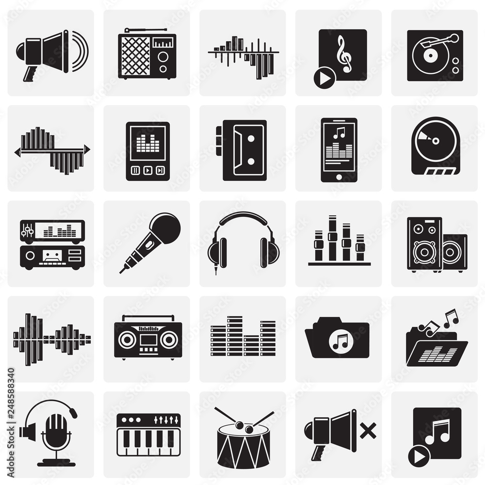 Poster music and sound icons set on squares background for graphic and web design, modern simple vector sig