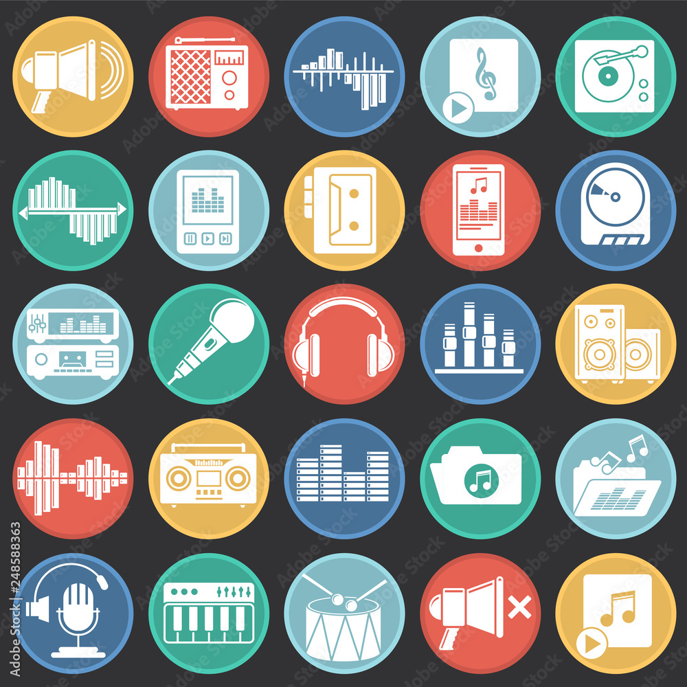 Poster music and sound icons set on color circles black background for graphic and web design, modern simpl