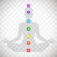 Human body in yoga lotus asana and seven colorful chakras symbols isolated on transparent background. Object for design - obrazy, fototapety, plakaty
