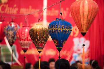 Paper lanterns on the streets of the old Asian city of Vietnam