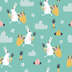Materiał do szycia Easter seamless pattern with rabbits, eggs in basket and carrots.