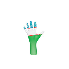 Uzbekistan flag and hand on white background. Vector illustration