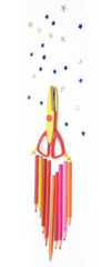 Scissors and pencils in the form of rockets. Isolated on white background. 