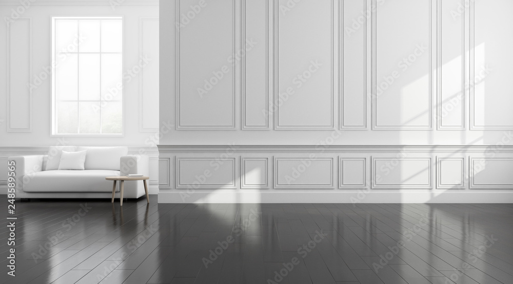Poster view of white living room in classic style with furniture on dark laminate floor.perspective of mini