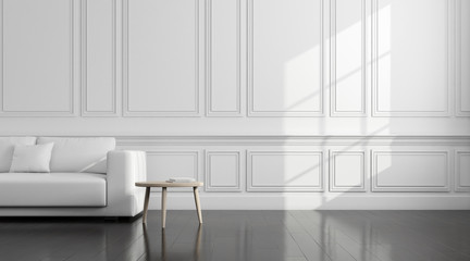 View of white living room in classic style with furniture on dark laminate floor.Perspective of minimal design architecture. 3d rendering.	