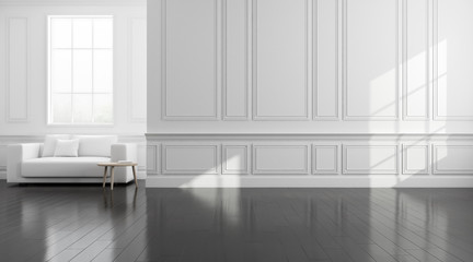 View of white living room in classic style with furniture on dark laminate floor.Perspective of minimal design architecture. 3d rendering.	