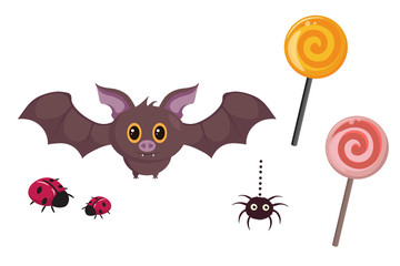 Set. Vector. Colorful collection of cartoon illustrations with bat, ladybug, spider and lollipops isolated on white background - Vector graphics.