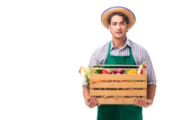 Young farmer with fresh produce isolated on white background