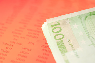 Close up view of cash money euro bills background. Finance and business theme.