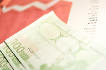 Close up view of cash money euro bills background. Finance and business theme.