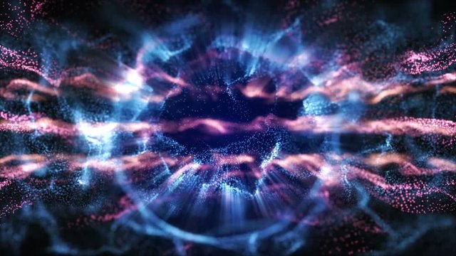 4K Abstract motion background animation shining particles stars sparks and magic dust forming in space wave flow with light rays and projections seamless loop