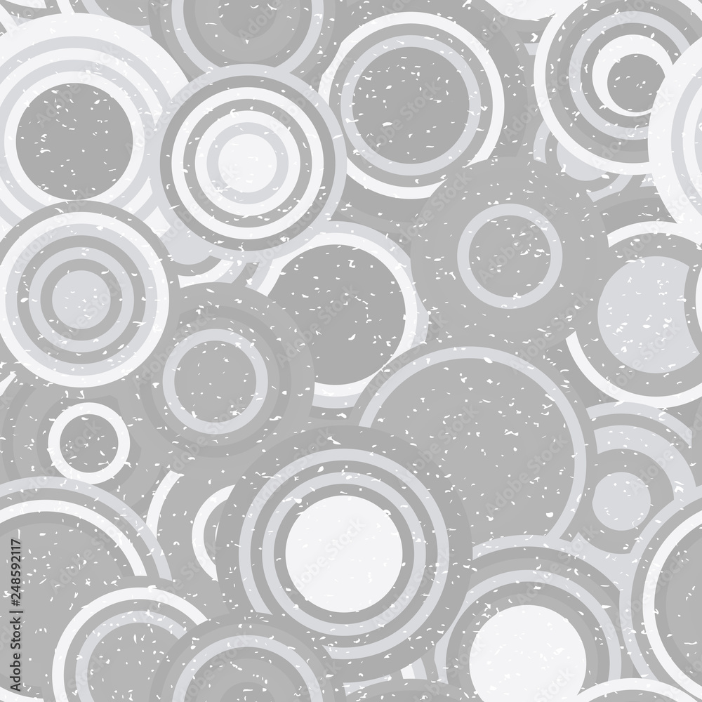 Poster Modern vector abstract seamless geometric pattern with  circles in retro scandinavian style. Neutral gray and white colored shapes with worn out texture.