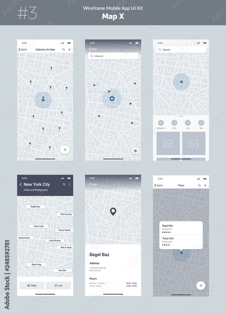 Poster wireframe kit for mobile phone. mobile app ui, ux design. new map position: selection on map, search