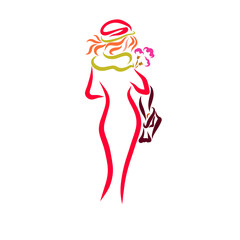 Girl in a coat and hat, with a handbag and a bouquet of flowers