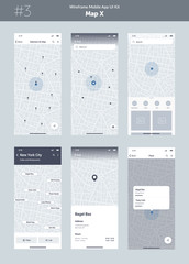 Wireframe kit for mobile phone. Mobile App UI, UX design. New map position: selection on map, search, list, point, filter, place and pick location screens.