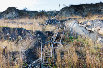 Old wooden stairs of an abandoned coal mine