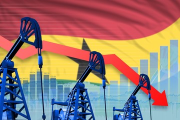 lowering, falling graph on Ghana flag background - industrial illustration of Ghana oil industry or market concept. 3D Illustration