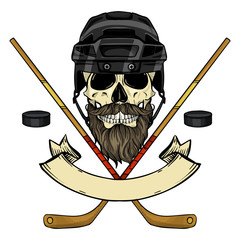Hand drawn sketch, color skull with dark hockey helmet, stick, puck, mustaches and beard
