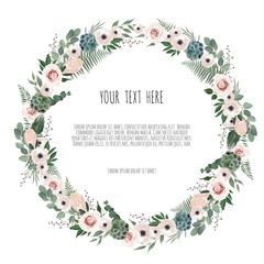 Vector floral design card. Greeting, postcard wedding invite template. Elegant wreath with rose and anemone