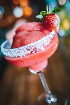 Red Or Pink Alcoholic Strawberry Cocktail Drink, Frozen Or Smoothie.