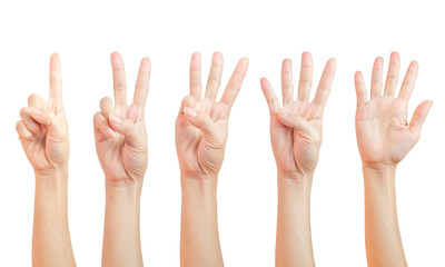 women hand signs are counting. Using fingers symbol. set of number one two three four five ( 1 2 3...