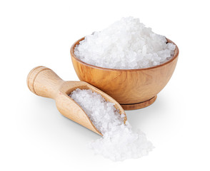 Sea salt crystals in a wooden bowl isolated on white - 248596355