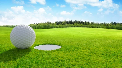 Gordijnen 3d render Close up of golf ball on green in golf course. sport background. © pramote