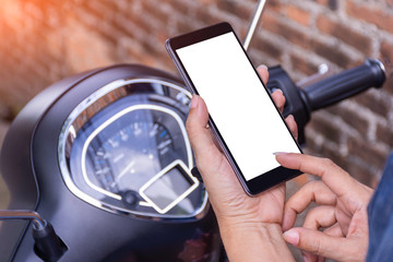 Young woman hand holding mobile smart phone with blank white screen,search internet application....