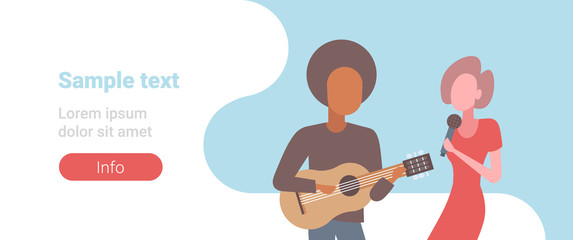 mix race singers man woman with microphone singing song and playing guitar music band concept male female cartoon characters portrait flat horizontal copy space