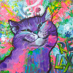Funny and expressive british cat, with motto and elements of graffiti and street-art style. Original acrylic painting on canvas.