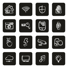 Smart Home Icons Freehand White On Black 