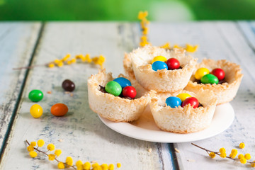 Coconut nests filled with Easter eggs