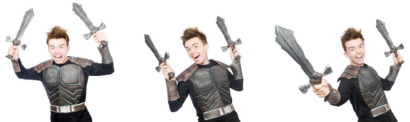 Young funny man in armour suit