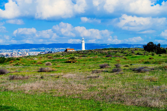 The beacon in Cyprus, the spring nature, the city and mountains