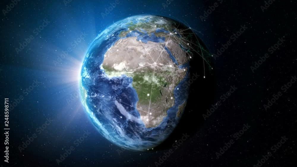 Poster 3d rendering globe with network line spinning and orbit in the universe with lighting effect and dar