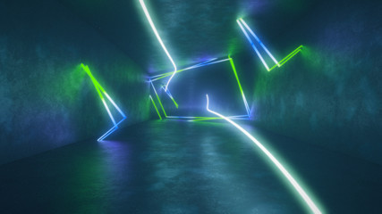 4k 3d render, looped animation tunnel, abstract seamless background, fluorescent ultraviolet light, glowing neon lines, moving forward inside endless tunnel, blue green spectrum, modern colorful