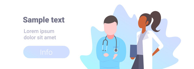 couple medical doctors team standing together mix race hospital workers man woman specialists in uniform male female cartoon characters portrait horizontal copy space
