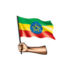 Ethiopia flag and hand on white background. Vector illustration