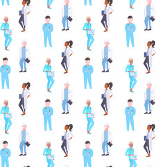 medical doctors mix race hospital workers men women specialists in uniform seamless pattern male female cartoon characters full length isolated flat