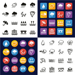 Rain or Rain Flood Icons All in One Icons Black & White Color Flat Design Freehand Set
