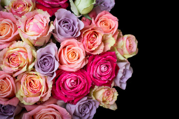 Beautiful bouquet of roses in a gift box. Bouquet of pink roses. Pink roses close-up. on black background, with space for text.