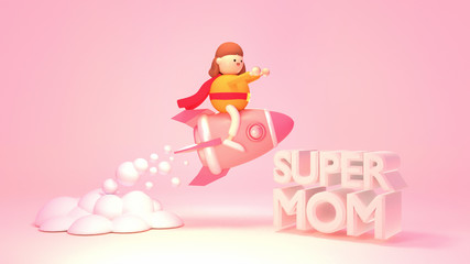 Cartoon female figurine sitting on a pink space rocket. Big 