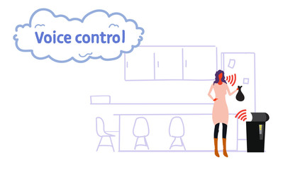 home recycle trash controlled by woman smart tech recognizes commands voice control concept modern kitchen interior sketch flow style horizontal