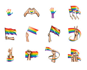 Obraz premium Rainbow flag and hand on white background. Vector illustration