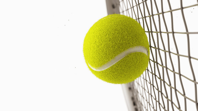 Tennis racket hits tennis ball. Closeup isolated on white background - 3d rendering