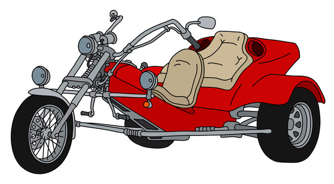 The hand drawing of a red heavy motor tricycle