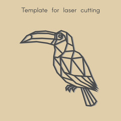   Template animal for laser cutting. Abstract geometric toucan for cut. Stencil for decorative panel of wood, metal, paper. Vector illustration.